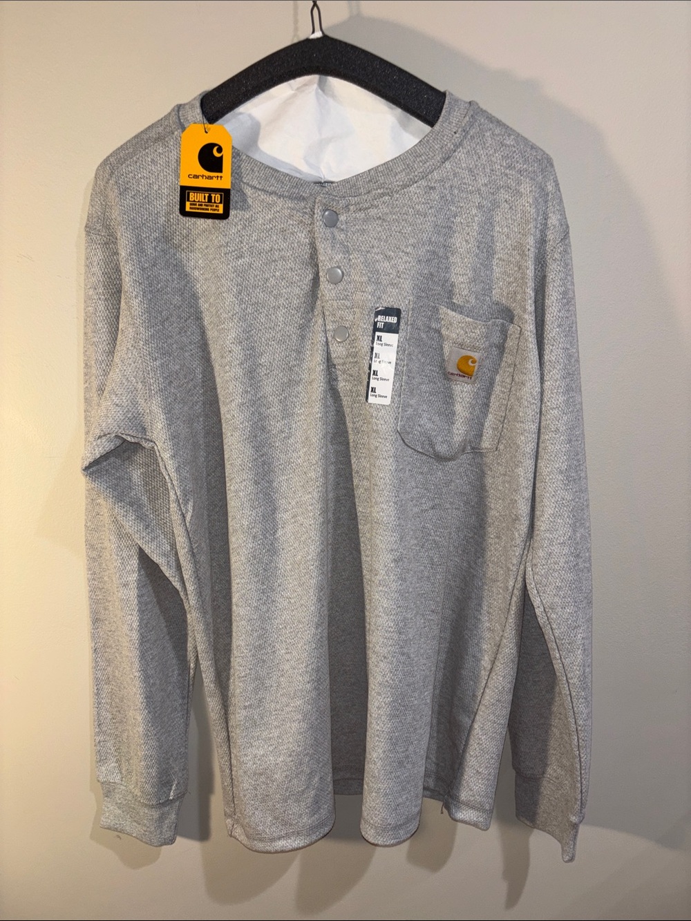 Carhartt Men’s Gray Long-Sleeve Heavyweight Henley Pocket Thermal Tee